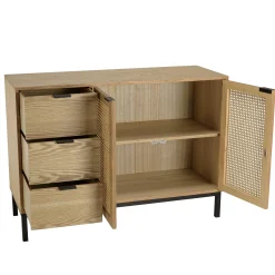 Buffet bois clair 2 portes rotin 3 tiroirs pieds métal PALMA
