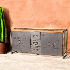 Buffet bois recyclé 4 portes 3 tiroirs 200x90 CARAVELLE