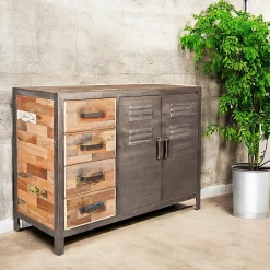 Buffet bois recyclé 4 tiroirs bois recyclé 2 portes métalliques 120x45x90cm CARAVELLE