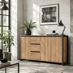 Buffet campagne 3 portes 3 tiroirs effet chêne 160 cm ALVA