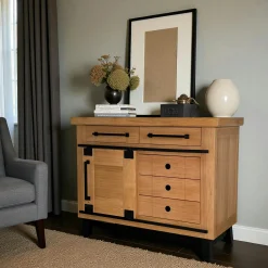 Buffet chêne clair 1 porte coulissante 5 tiroirs ALPINE