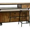 Buffet / Console à roulettes en 2 parties, 4 + 1 tiroirs, 1 porte en Hévéa recyclé naturel et métal 150x53x97cm LOFT