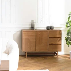 Buffet couleur naturelle 3 tiroirs 2 portes décor motif arrondi CORIA
