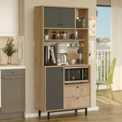 Buffet cuisine niche micro-ondes décor gris H 180 cm JENA