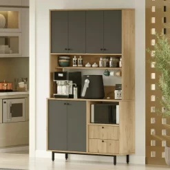 Buffet cuisine niche micro-ondes décor gris H 205 cm JENA