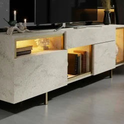 Buffet décor travertin et doré 2 portes 3 niches LED AURA