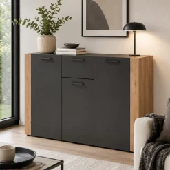 Buffet de rangement gris foncé 3 portes 1 tiroir ALVA