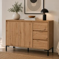 Buffet de salle à manger décor bois 2 portes 3 tiroirs KARVI