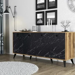 Buffet design moderne 4 portes, façade effet marbre noir UMEA