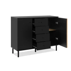 Buffet design noir et décor bois 2 portes 4 tiroirs NOREN