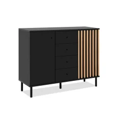 Buffet design noir et décor bois 2 portes 4 tiroirs NOREN