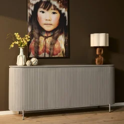 Buffet en bois gris rainuré ovale 4 portes CALERO