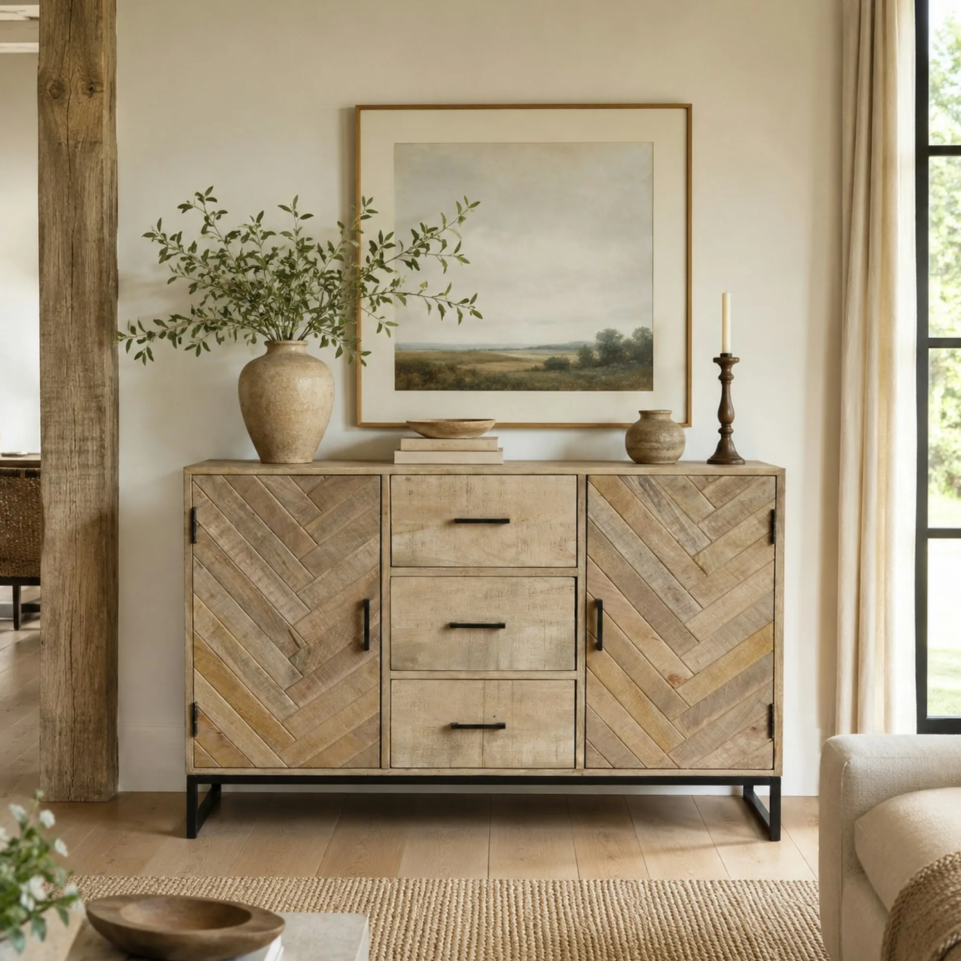 Buffet en bois massif 2 portes 3 tiroirs BRIX