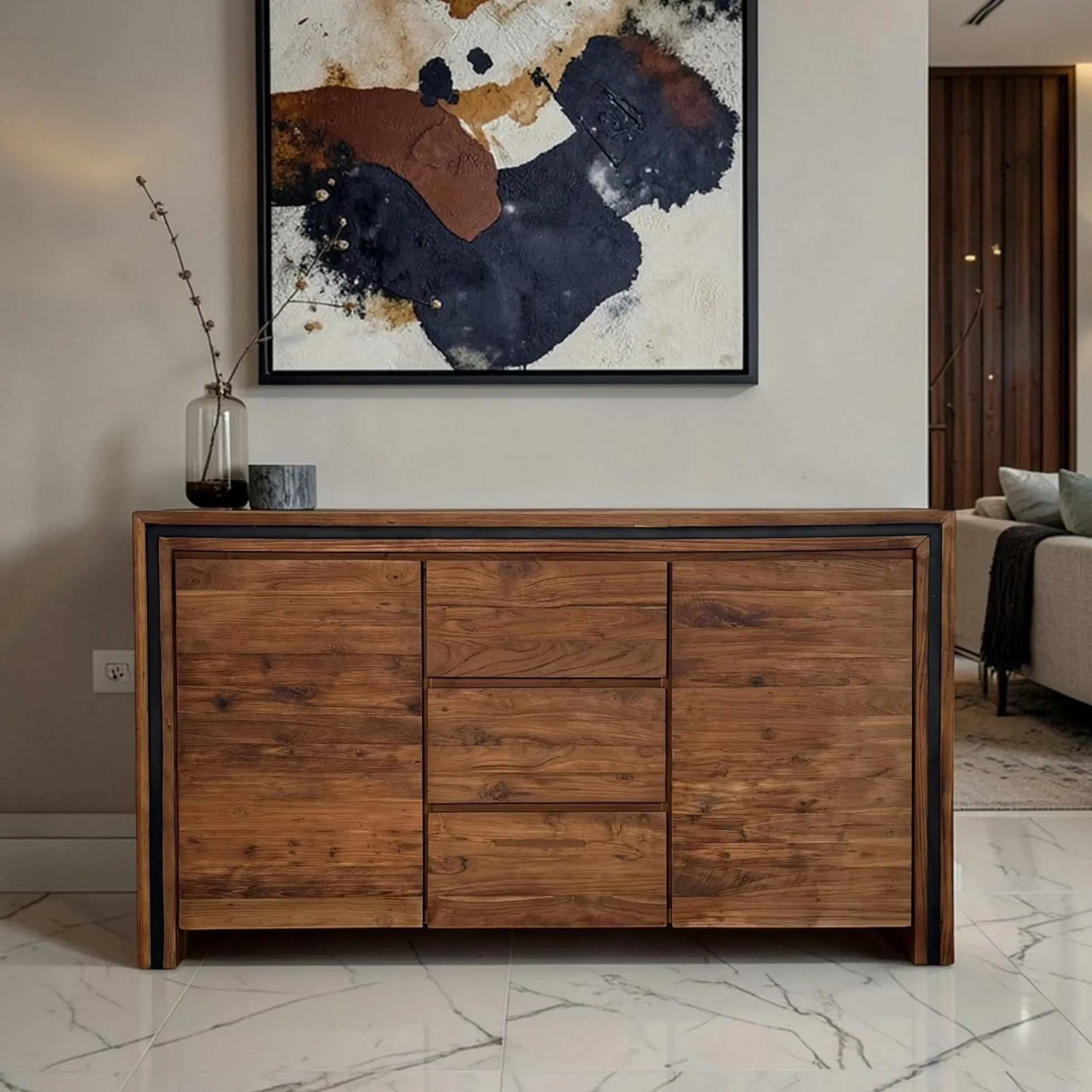 Buffet en bois recyclé de teck 2 portes 3 tiroirs VADOD