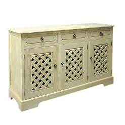 Buffet Enfilade Hévéa 3 portes motif tressé, 3 tiroirs 146x44x90cm MAORI