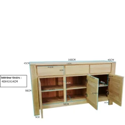 Buffet Enfilade Hévéa 3 portes, 3 tiroirs, 160x45x90cm OLGA