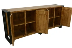 Buffet enfilade hévéa recyclé naturel et métal noirci4 tiroirs 4 portes 220X45X90cm DOCKER
