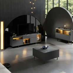 buffet gris foncé et doré 2 portes 3 niches LED AURA