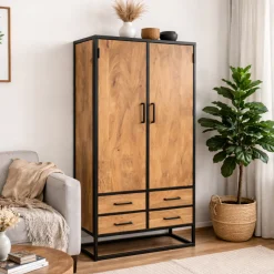Buffet haut en bois clair 2 portes 4 tiroirs RIVANO