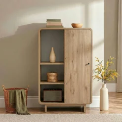 Buffet haut moderne décor chêne 1 porte 3 étagères MARFA