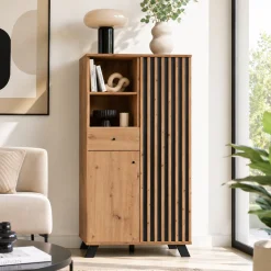 Buffet haut 1 porte noire rainurée 80 cm ALVA