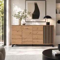 Buffet long moderne 1 porte noire rainurée 160 cm ALVA