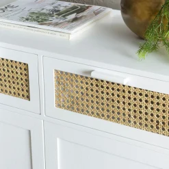 Buffet moderne bois blanc 2 portes 2 tiroirs rotin CALVIA