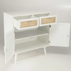 Buffet moderne bois blanc 2 portes 2 tiroirs rotin CALVIA