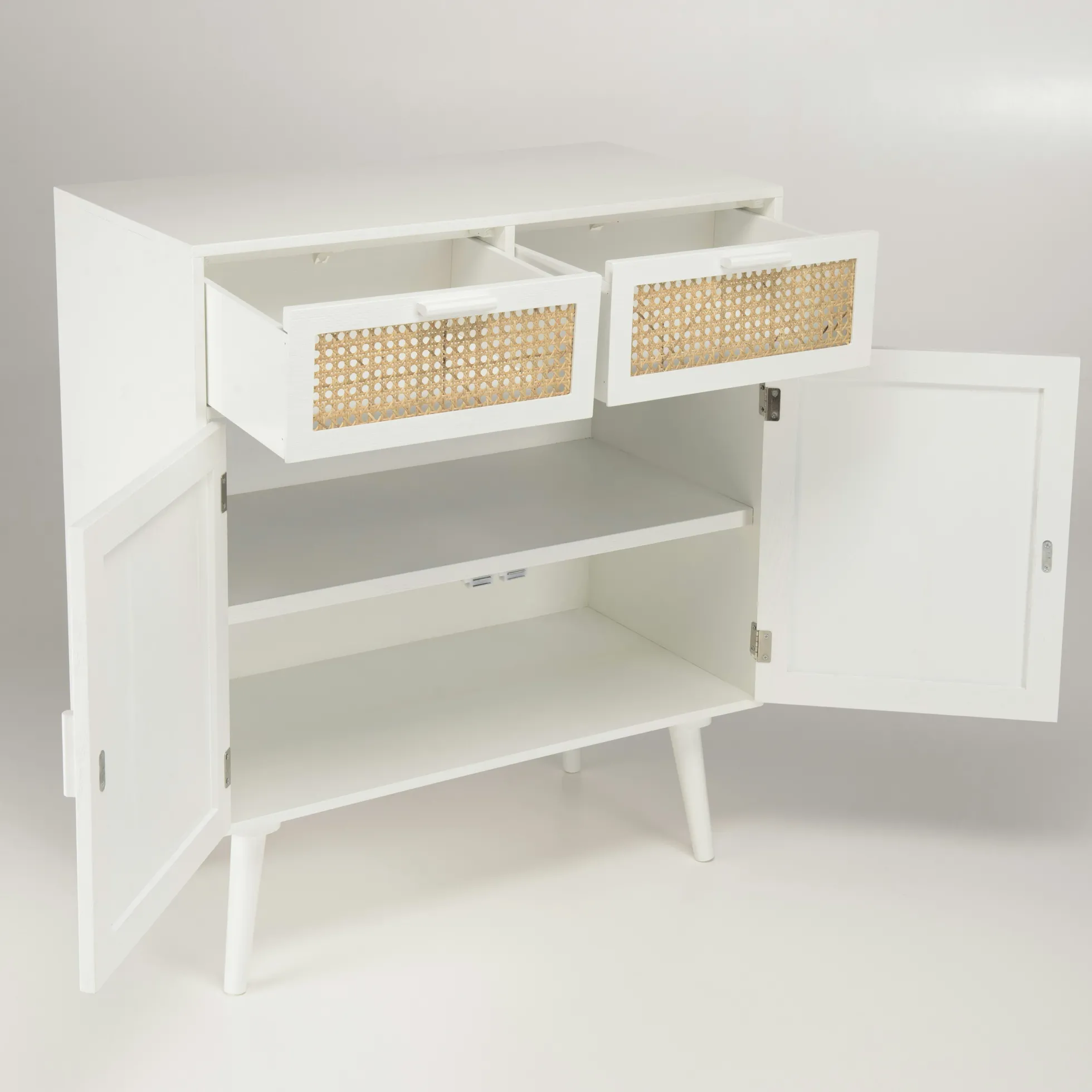 Buffet moderne bois blanc 2 portes 2 tiroirs rotin CALVIA