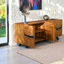 Buffet moderne bois recyclé teck laque noire 200 cm BARBADE