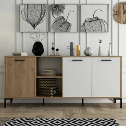 Buffet moderne effet bois et blanc, niches ouvertes JENA