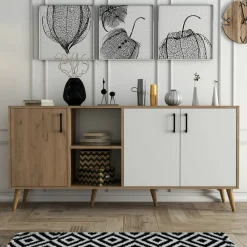 Buffet moderne effet bois et blanc, pieds obliques MARFA