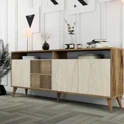 Buffet moderne effet bois et travertin 4 portes 2 niches UMEA