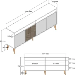 Buffet moderne effet bois et travertin 4 portes 2 niches UMEA