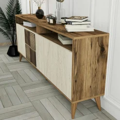 Buffet moderne effet bois et travertin 4 portes 2 niches UMEA