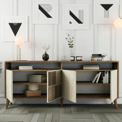 Buffet moderne effet bois et travertin 4 portes 2 niches UMEA