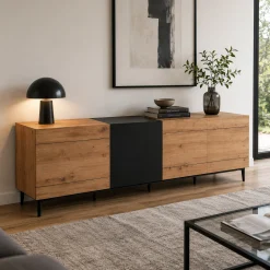 Buffet moderne 4 portes décor bois et noir ALVA