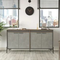 Buffet moderne 4 portes décor bois foncé, béton et gris JENA