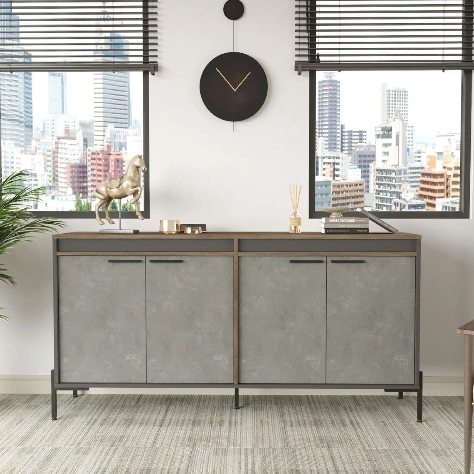 Buffet moderne 4 portes décor bois foncé, béton et gris JENA
