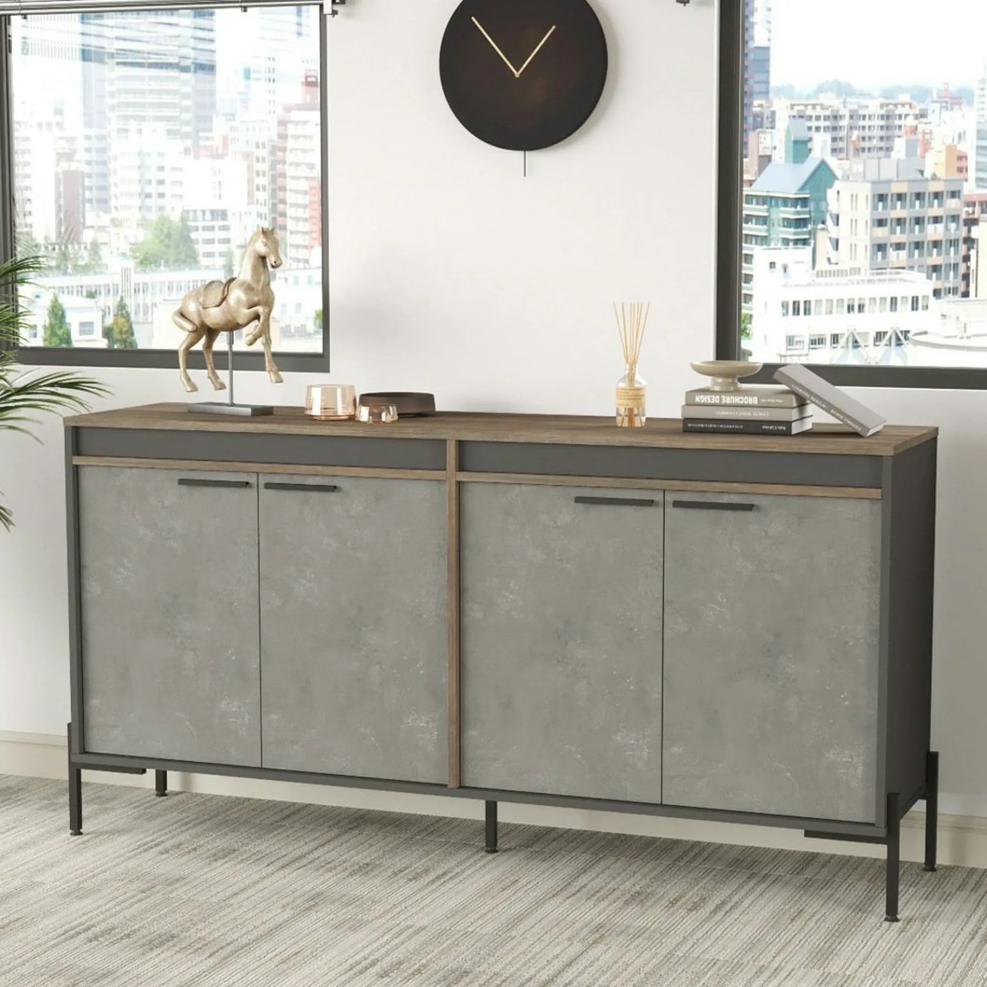 Buffet moderne 4 portes décor bois foncé, béton et gris JENA