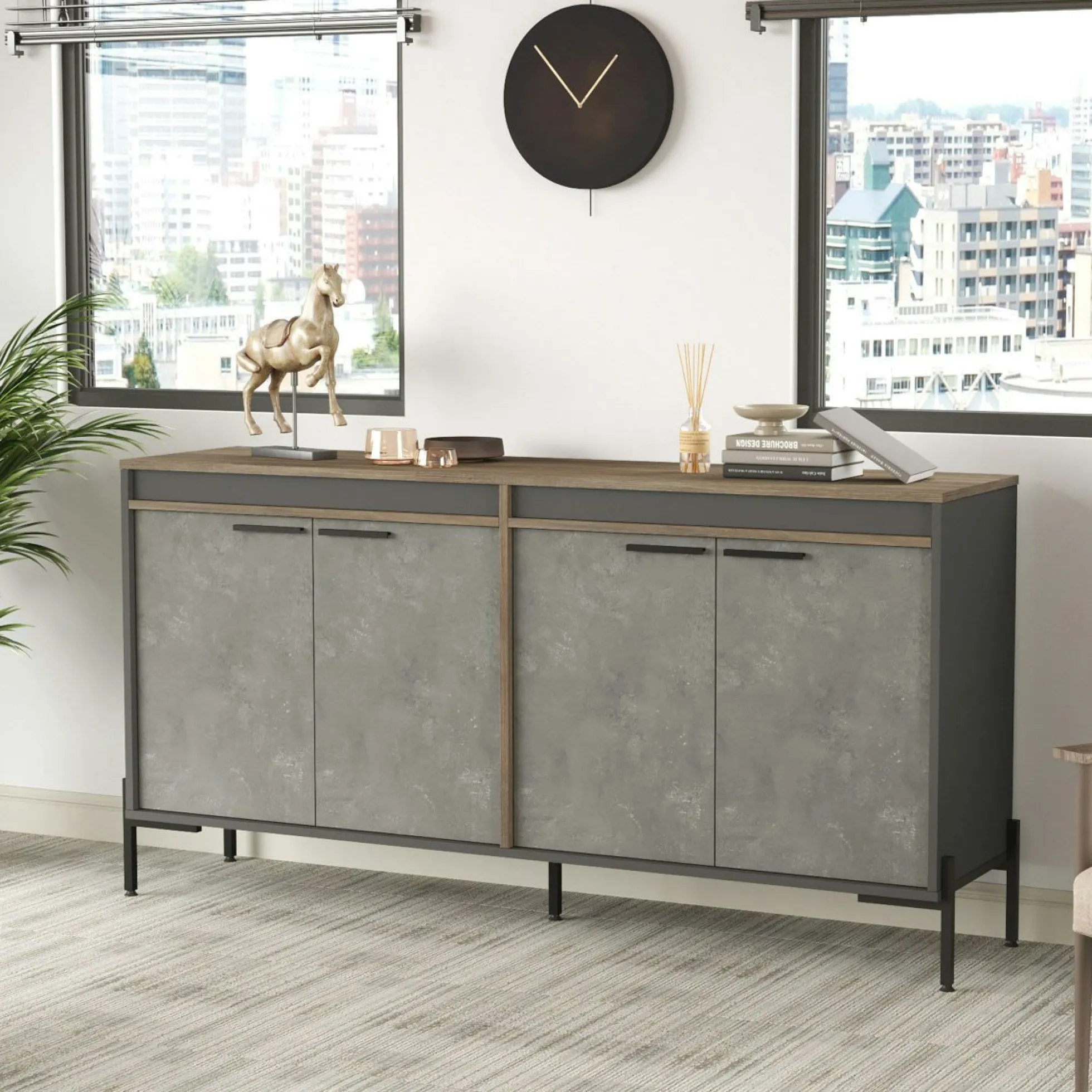 Buffet moderne 4 portes décor bois foncé, béton et gris JENA
