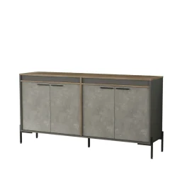 Buffet moderne 4 portes décor bois foncé, béton et gris JENA