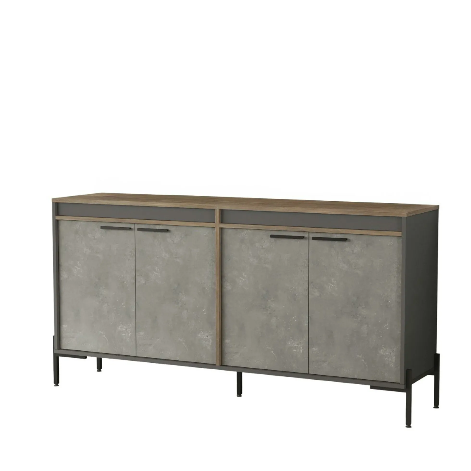 Buffet moderne 4 portes décor bois foncé, béton et gris JENA