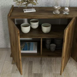 Buffet moderne 4 portes effet noyer, rebords hauts UMEA