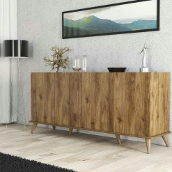 Buffet moderne 4 portes effet noyer, rebords hauts UMEA