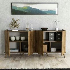 Buffet moderne 4 portes effet noyer, rebords hauts UMEA