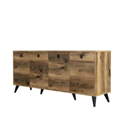 Buffet moderne 4 portes effet noyer, poignées à anneaux UMEA