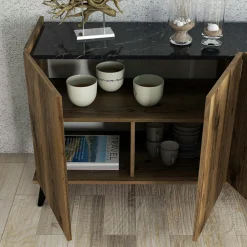 Buffet moderne 4 portes effet noyer et marbre noir UMEA