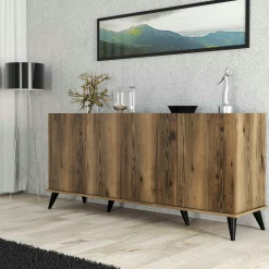 Buffet moderne 4 portes effet noyer et marbre noir UMEA