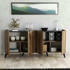 Buffet moderne 4 portes effet noyer et marbre noir UMEA